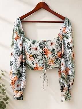 Tropical Milkmaid Crop Top Large Puff Sleeve Tie Front Hawaiian Resort